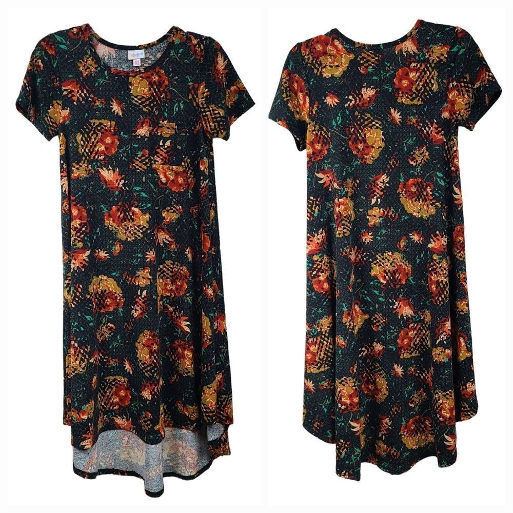 LuLaRoe Carly Dress Black Floral Print Midi Pocket High-Low Butter Soft Casual - Picture 3 of 11